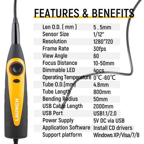 Launch VSP-600 Inspection Camera Videoscope Borescope with 7mm USB for Viewing/ Capturing Images of Hard-to-Reach Areas