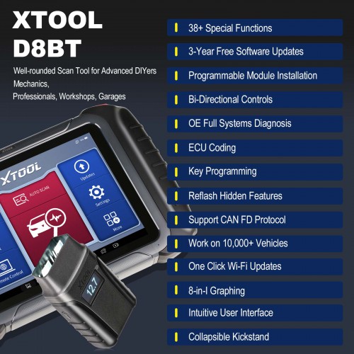 Full System XTOOL D8 BT Scanner Bi-Directional Control Functions ECU Coding Support CAN FD ECU Coding, 38+ Services